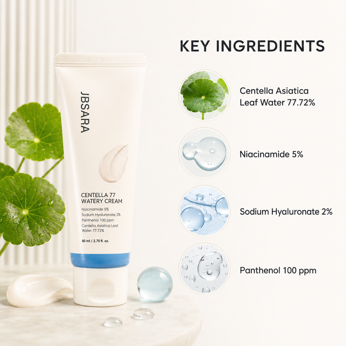 Centella 77 Korean Watery Cream – Lightweight Face Moisturizer with Niacinamide for Hydrated, Smoother-Looking Skin