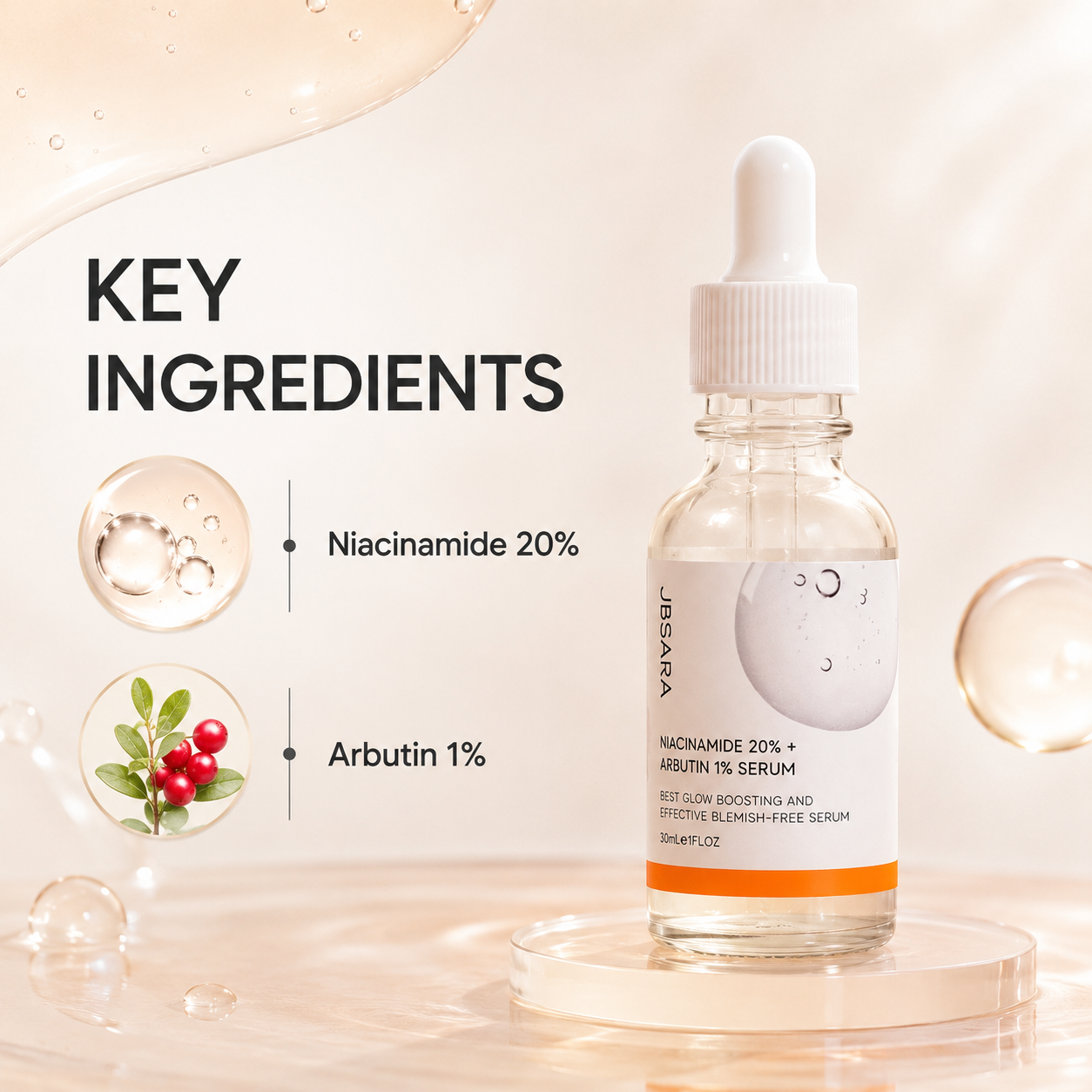 Niacinamide 20% + Arbutin 1% Korean Glow Serum – Hydrating Facial Serum for Smoother, Even-Looking Skin, 30 mL