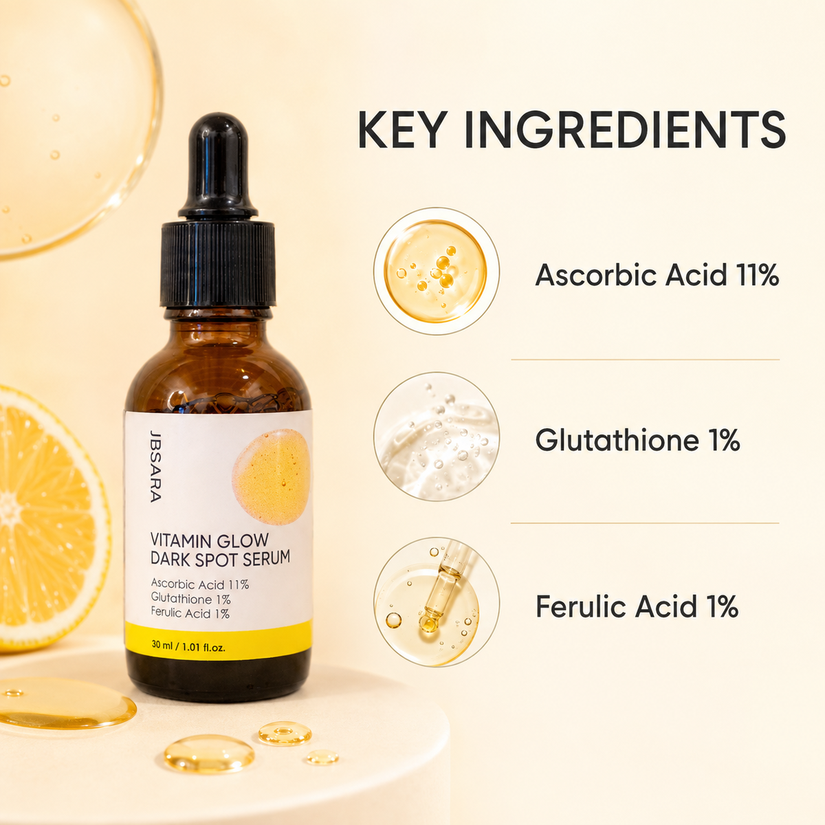 Vitamin Glow Korean Facial Serum – 11% Vitamin C + 1% Ferulic Acid for Brighter, Even-Toned Looking Skin, 30 mL