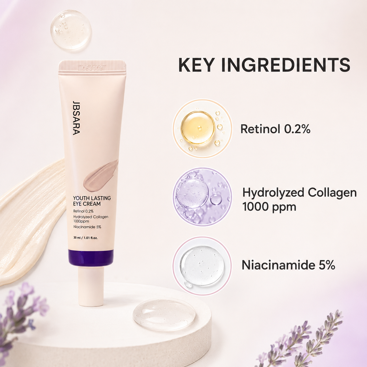 Youth Lasting Korean Eye Cream – Retinol, Niacinamide + Hydrolyzed Collagen for a Smoother, Brighter-Looking Eye Area, 30 mL