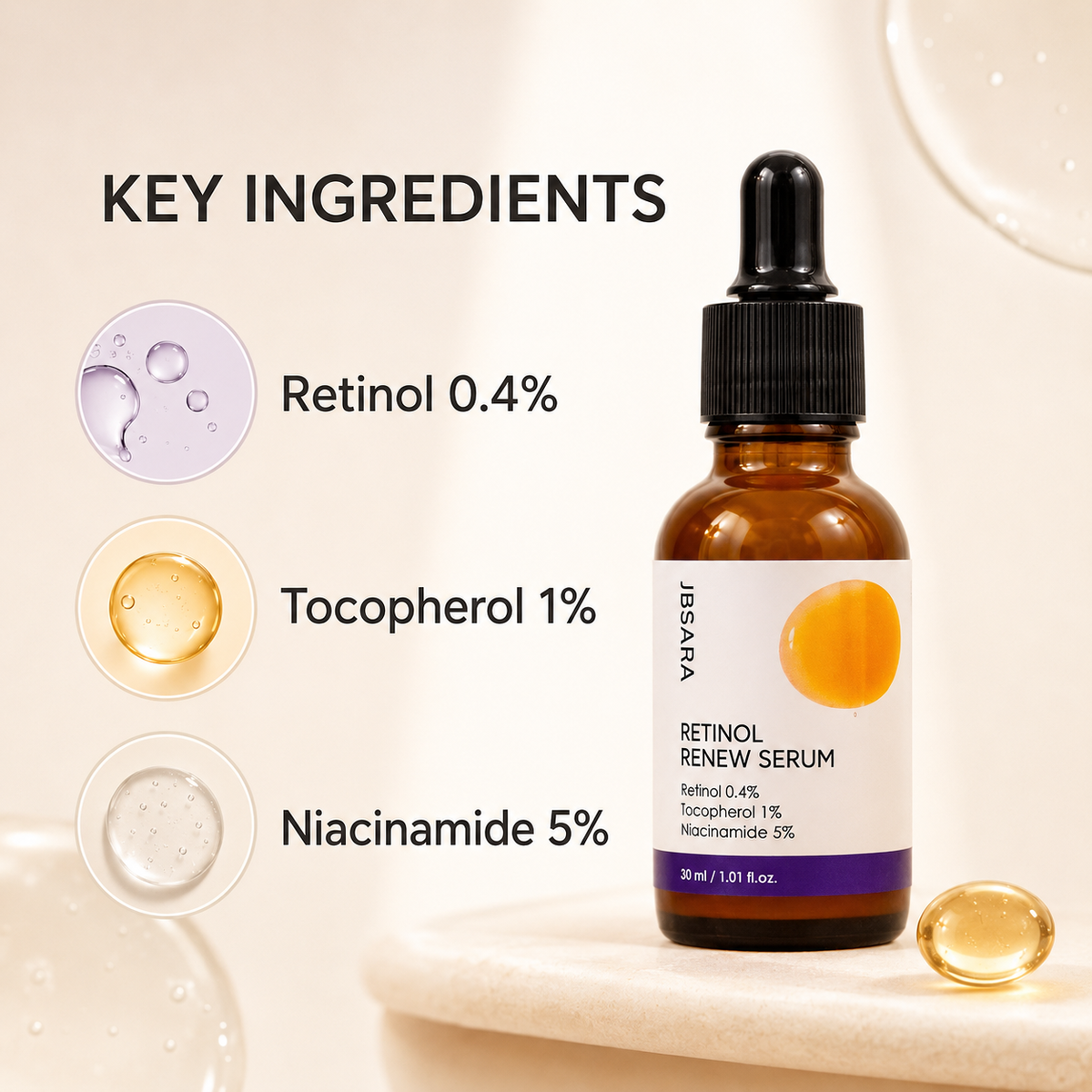 Retinol Renew Korean Night Serum – 0.4% Retinol + 5% Niacinamide for Smoother-Looking Skin, 30 mL